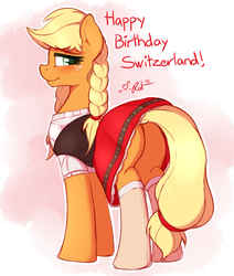 Size: 2133x2520 | Tagged: safe, artist:ratofdrawn, applejack, earth pony, pony, alternate hairstyle, applebutt, blonde, blonde hair, blonde mane, blushing, braid, braided tail, butt, clothes, commando, cute, dress, eyebrows, eyelashes, female, freckles, green eyes, hair, jackabetes, lidded eyes, looking at you, looking back, mane, mare, moe, pigtails, plot, skirt, skirt lift, smiling, socks, solo, stupid sexy applejack, swiss dress, switzerland, tail, technically an upskirt shot