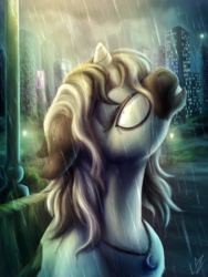 Size: 3000x4000 | Tagged: safe, artist:lupiarts, artist:mixdaponies, oc, oc only, oc:sassy response, pony, unicorn, female, mare, rain, skyscraper, solo, streetlight