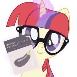 Size: 2800x2800 | Tagged: safe, artist:aaronmk, moondancer, pony, unicorn, g4, aubergine, book, bust, eggplant, female, food, glasses, high res, looking at you, magic, mare, michel foucault, portrait, simple background, solo, the history of sexuality, white background