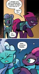 Size: 657x1231 | Tagged: safe, artist:andypriceart, official comic, glitter drops, tempest shadow, pony, unicorn, g4, idw, spoiler:comic, spoiler:comic67, spoiler:comic68, broken horn, cropped, eye scar, female, hoof shoes, horn, mare, out of context, scar, speech bubble, tempest's tale