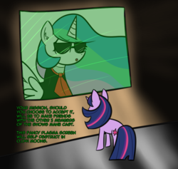 Size: 1280x1212 | Tagged: safe, artist:artiks, princess celestia, twilight sparkle, pony, unicorn, g4, atg 2018, clothes, dialogue, mission impossible, newbie artist training grounds, screen, suit, sunglasses