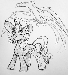 Size: 1282x1416 | Tagged: safe, artist:smirk, oc, oc only, phoenix, pony, unicorn, duo, female, grayscale, mare, monochrome, not sunset shimmer, spread wings, traditional art, wings
