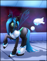 Size: 1474x1920 | Tagged: safe, artist:xn-d, queen chrysalis, changeling, changeling queen, g4, boots, clothes, drone, female, science fiction, shoes, socks, space