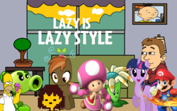 Size: 738x463 | Tagged: safe, artist:drypony198, button mash, twilight sparkle, earth pony, pony, g4, boomerang, caillou, caillou (character), crossover, eric, frisk, goanimate, homer simpson, kayloo, lazy is lazy, male, mario, peashooter, plants vs zombies, plants vs zombies 2: it's about time, toadette, undertale