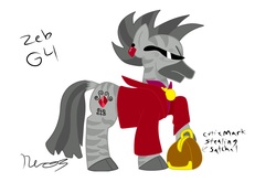 Size: 2483x1641 | Tagged: safe, artist:toon-n-crossover, zeb, zebra, g1, g4, g1 to g4, generation leap, markings, mohawk, red coat, reimagine, satchel, simple background, sunglasses