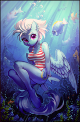 Size: 1000x1520 | Tagged: dead source, safe, artist:ramiras, artist:share dast, fleetfoot, fish, pegasus, anthro, unguligrade anthro, g4, bracelet, breasts, busty fleetfoot, clothes, collaboration, commission, cutie mark, female, jewelry, looking at you, mare, one-piece swimsuit, solo, swimsuit, underwater, wreck, ych result