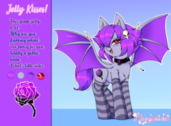 Size: 1253x923 | Tagged: safe, artist:opossum_imoto, oc, oc only, oc:jelly kisses, bat pony, pony, bat pony oc, clothes, cutie mark, female, reference sheet, skull, socks, solo, spread wings, stockings, striped socks, thigh highs, wings