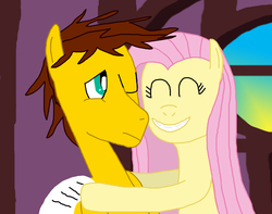 Size: 2790x2202 | Tagged: safe, artist:sb1991, fluttershy, oc, oc:film reel, pegasus, pony, g4, bed hair, eyes closed, fluttershy's cottage, fluttershy's cottage (interior), high res, hug, letter, one eye closed, smiling, sunrise, tired