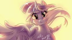 Size: 1000x562 | Tagged: safe, artist:light262, twilight sparkle, alicorn, pony, g4, blushing, female, looking at you, signature, simple background, sketch, smiling, solo, spread wings, twilight sparkle (alicorn), wings, wip, yellow background