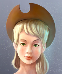 Size: 2261x2691 | Tagged: safe, artist:xbi, applejack, human, g4, bust, female, hat, high res, humanized, looking at you, portrait, raised eyebrow, realistic, solo, uncanny valley