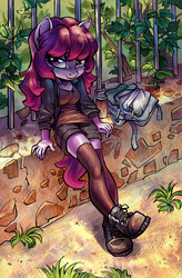 Size: 1258x1920 | Tagged: safe, artist:holivi, oc, oc only, oc:share dast, anthro, plantigrade anthro, g4, backpack, boots, clothes, crossed legs, fence, gift art, leg focus, legs, looking at you, shoes, shorts, sitting, socks, solo, thigh highs