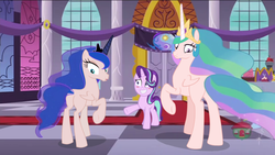 Size: 1920x1080 | Tagged: safe, artist:tralomine, edit, edited edit, edited screencap, editor:slayerbvc, screencap, princess celestia, princess luna, starlight glimmer, alicorn, pony, unicorn, a royal problem, g4, blushing, butt, crown, embarrassed, female, furless, furless edit, grin, jewelry, looking back, mare, missing accessory, nervous, nervous smile, now you fucked up, nude edit, nudity, plot, plucked wings, raised hoof, regalia, royal sisters, shaved, smiling, spell gone wrong, treehouse logo, underhoof