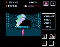 Size: 1127x874 | Tagged: safe, edit, edited screencap, screencap, pinkie pie, princess celestia, g4, cave, floating head, friday the 13th, video game