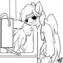 Size: 1280x1280 | Tagged: safe, artist:bbsartboutique, oc, oc:delta dart, hippogriff, convoy, hippogriff oc, lineart, movie reference, reference, rubber duck, sketch, sunglasses, talons, truck, trucker