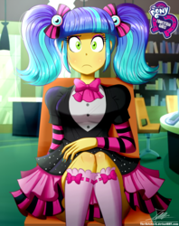 Size: 920x1160 | Tagged: safe, artist:the-butch-x, part of a set, pixel pizazz, human, equestria girls, g4, my little pony equestria girls: rainbow rocks, background human, butch's hello, clothes, confused, cute, dress, equestria girls logo, female, looking at you, pigtails, signature, sitting, skirt, skirt lift, socks, solo, twintails