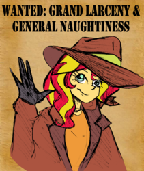 Size: 1500x1777 | Tagged: safe, artist:smirk, artist:sweetai belle, color edit, edit, sunset shimmer, equestria girls, g4, carmen sandiego, clothes, coat, colored, female, hat, wanted poster