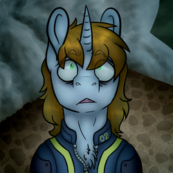 Size: 1500x1500 | Tagged: safe, artist:shadow-wing-lover, oc, oc only, oc:littlepip, pony, unicorn, fallout equestria, chest fluff, clothes, fanfic, fanfic art, female, horn, jumpsuit, looking up, mare, open mouth, solo, teeth, vault suit