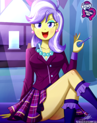 Size: 920x1160 | Tagged: safe, artist:the-butch-x, part of a set, upper crust, equestria girls, g4, my little pony equestria girls: friendship games, ass, background human, breasts, butch's hello, butt, cleavage, clothes, crossed legs, crustabetes, crystal prep academy uniform, cute, ear piercing, earring, equestria girls logo, female, jewelry, legs, looking at you, moe, my little pony logo, nail polish, open mouth, pen, piercing, plaid skirt, pleated skirt, school uniform, schrödinger's pantsu, signature, sitting, skirt, skirt lift, solo, thighs, upper butt, upskirt denied
