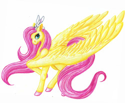 Size: 2654x2171 | Tagged: safe, artist:kikinot, angel bunny, fluttershy, pegasus, pony, rabbit, g4, duo, female, high res, large wings, looking at you, male, mare, raised hoof, simple background, traditional art, white background, wings