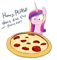 Size: 1795x1897 | Tagged: dead source, safe, artist:moonatik, princess cadance, alicorn, pony, g4, female, food, implied shining armor, mare, meat, peetzer, pepperoni, pepperoni pizza, pizza, ponies eating meat, simple background, solo, speech, tempting fate, that pony sure does love pizza, transparent background
