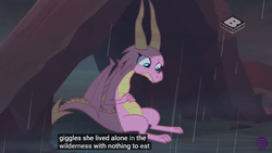 Size: 853x480 | Tagged: safe, screencap, scales (g4), dragon, g4, the hearth's warming club, at&t, boomerang (tv channel), caption, dragoness, female, implied laughter, logo, meme, rain, solo, text, youtube caption