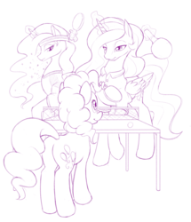 Size: 858x1000 | Tagged: safe, artist:dstears, pinkie pie, princess celestia, princess luna, alicorn, earth pony, pony, g4, clothes, female, glowing horn, horn, magic, mane hold, mare, monochrome, shirt, simple background, table tennis, telekinesis, white background