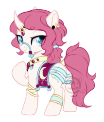 Size: 700x816 | Tagged: safe, artist:cabbage-arts, oc, oc only, pony, saddle arabian, unicorn, commission, commissioner:wonderland sketches, ear piercing, earring, female, horn, horn ring, jewelry, looking at you, looking back, looking back at you, mare, piercing, simple background, solo, transparent background, unicorn oc