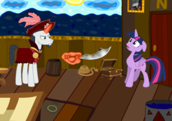 Size: 2000x1414 | Tagged: safe, artist:php185, chancellor neighsay, twilight sparkle, alicorn, pony, g4, chair, chest, pirate ship, rope, sun, twilight sparkle (alicorn), wat