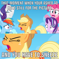 Size: 2048x2048 | Tagged: safe, applejack, pinkie pie, rainbow dash, rarity, starlight glimmer, equestria daily, g4, high res, image macro, meme, sneezing