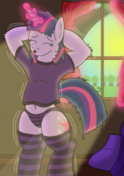 Size: 2844x4032 | Tagged: safe, artist:tacomytaco, twilight sparkle, pony, unicorn, g4, belly button, bipedal, clothes, eyes closed, female, magic, messy mane, midriff, panties, shirt, socks, solo, striped socks, striped underwear, underwear, waking up, window