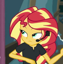 Size: 714x720 | Tagged: safe, screencap, sunset shimmer, all the world's off stage, equestria girls, equestria girls series, g4, all the world's off stage: twilight sparkle, animated, cropped, director shimmer, female, gif, headset, smiling, smirk, smug, smugset shimmer, solo