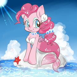 Size: 2000x2000 | Tagged: safe, artist:grimbloody, pinkie pie, mermaid, seapony (g4), semi-anthro, g4, arm hooves, breasts, cloud, dorsal fin, female, fin, fins, fish tail, high res, jewelry, misplaced boobs, necklace, ocean, pearl necklace, scenery, seaponified, seapony pinkie pie, sky, solo, species swap, tail, water