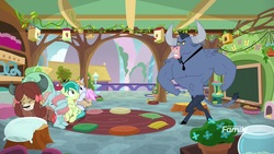 Size: 1920x1080 | Tagged: safe, screencap, iron will, ocellus, sandbar, strawberry scoop, summer meadow, yona, changedling, changeling, earth pony, minotaur, pony, yak, a matter of principals, g4, classroom, female, friendship student, male, mare, necktie, nose piercing, nose ring, piercing, pillow, scared, septum piercing, teenager