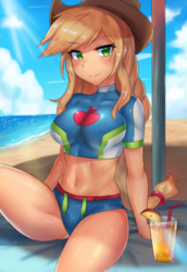 Size: 800x1164 | Tagged: safe, artist:tzc, applejack, human, equestria girls, equestria girls specials, g4, my little pony equestria girls: better together, my little pony equestria girls: forgotten friendship, anime, applejack's beach shorts swimsuit, beach, belly button, big breasts, breasts, busty applejack, clothes, drink, female, midriff, ocean, sand, scenery, solo, straw, stupid sexy applejack, swimsuit, thighs