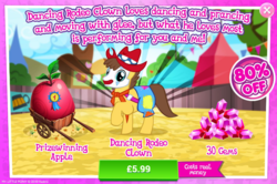 Size: 797x529 | Tagged: safe, gameloft, caramel, earth pony, pony, g4, advertisement, apple, clothes, clown, costs real money, food, gem, giant apple, hat, introduction card, male, raised hoof, rodeo clown, sale, stallion
