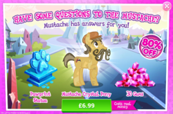 Size: 796x526 | Tagged: safe, gameloft, pony, g4, my little pony: magic princess, advertisement, costs real money, facial hair, gem, hat, introduction card, male, moustache, mustache crystal pony, sale, solo, stallion