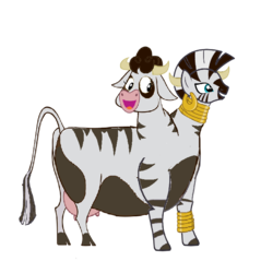 Size: 710x743 | Tagged: safe, artist:theunknowenone1, daisy jo, zecora, cow, zebra, g4, conjoined, fat, fused, fusion, horns, jocora, merge, multiple heads, not salmon, simple background, stuck together, transparent background, two heads, udder, wat, zebrow