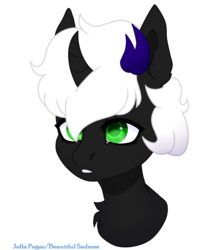 Size: 2917x3555 | Tagged: safe, artist:thatonefluffs, oc, oc only, oc:demonic myth, pony, unicorn, bust, female, high res, horns, mare, portrait, simple background, solo, transparent background