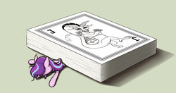 Size: 1024x542 | Tagged: safe, artist:zetamad, discord, starlight glimmer, pony, unicorn, g4, card, deck of cards, faceplant, joker, solo, squashed