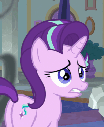 Size: 486x594 | Tagged: safe, screencap, discord, starlight glimmer, pony, unicorn, a matter of principals, g4, animated, annoyed, floppy ears, petting