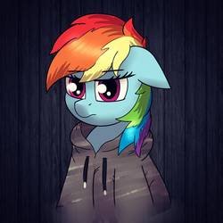 Size: 1520x1520 | Tagged: safe, rainbow dash, pony, g4, clothes, dark background, female, hoodie, lonely, looking down, sad, solo