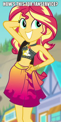 Size: 600x1189 | Tagged: safe, edit, edited screencap, screencap, sunset shimmer, equestria girls, equestria girls series, forgotten friendship, g4, arm behind head, belly button, clothes, fanservice, geode of empathy, image macro, meme, sarong, sunset selfie, swimsuit