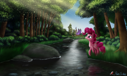 Size: 3653x2205 | Tagged: safe, artist:pony-stark, pinkie pie, earth pony, pony, g4, female, forest, high res, mare, river, scenery, solo, water