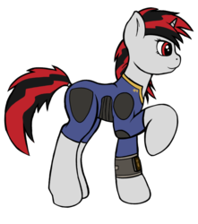 Size: 1060x1200 | Tagged: safe, artist:redquoz, oc, oc only, oc:blackjack, pony, unicorn, equestria daily, fallout equestria, fallout equestria: project horizons, clothes, day 17, fanfic, fanfic art, female, hooves, horn, jumpsuit, mare, newbie artist training grounds, pipbuck, raised hoof, security armor, simple background, small horn, solo, transparent background, vault security armor, vault suit