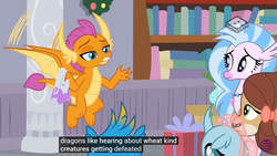 Size: 853x480 | Tagged: safe, screencap, gallus, ocellus, silverstream, smolder, yona, changedling, changeling, classical hippogriff, dragon, griffon, hippogriff, yak, g4, the hearth's warming club, at&t, boomerang (tv channel), caption, dragoness, female, food, logo, male, meme, text, wheat, youtube caption