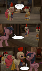 Size: 1024x1728 | Tagged: safe, artist:dracagon, pinkie pie, twilight sparkle, oc, alicorn, pony, g4, 3d, animal costume, chicken pie, chicken suit, clothes, comic, costume, dialogue, halloween, holiday, misspelling, nightmare night, trick or treat, twilight sparkle (alicorn)