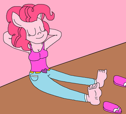 Size: 864x776 | Tagged: source needed, safe, anonymous artist, pinkie pie, anthro, g4, barefoot, clothes, cute, feet, female, flip-flops, jeans, pants, relaxing, resting, sandals, soles, toes, wiggling toes