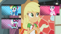 Size: 1920x1080 | Tagged: safe, screencap, applejack, constructive criticism, equestria girls, equestria girls series, g4, broken hand, choose photo finish, choose pinkie pie, choose rainbow dash, cyoa, fourth wall, geode of sugar bombs, geode of super speed, geode of super strength, magical geodes, youtube