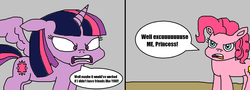 Size: 1159x415 | Tagged: safe, artist:logan jones, pinkie pie, twilight sparkle, alicorn, earth pony, pony, g4, my little pony: the movie, 2 panel comic, angry, comic, reference, rude, the legend of zelda, twilight sparkle (alicorn), well excuse me princess