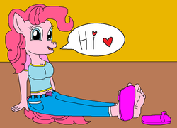 Size: 1014x732 | Tagged: safe, anonymous artist, pinkie pie, human, anthro, g4, barefoot, clothes, cute, feet, flip-flops, happy, heart, jeans, one shoe off, pants, sandals, soles, speech bubble, toes
